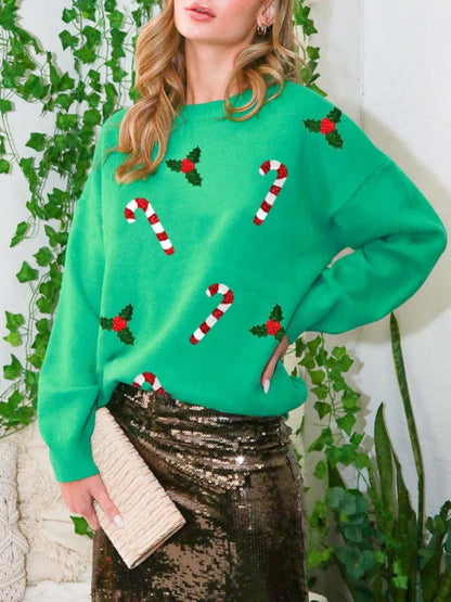 Grüner Weihnachtspullover Damen mit Zuckerstangen & Stechpalmen Motiven Rundhals Langarm