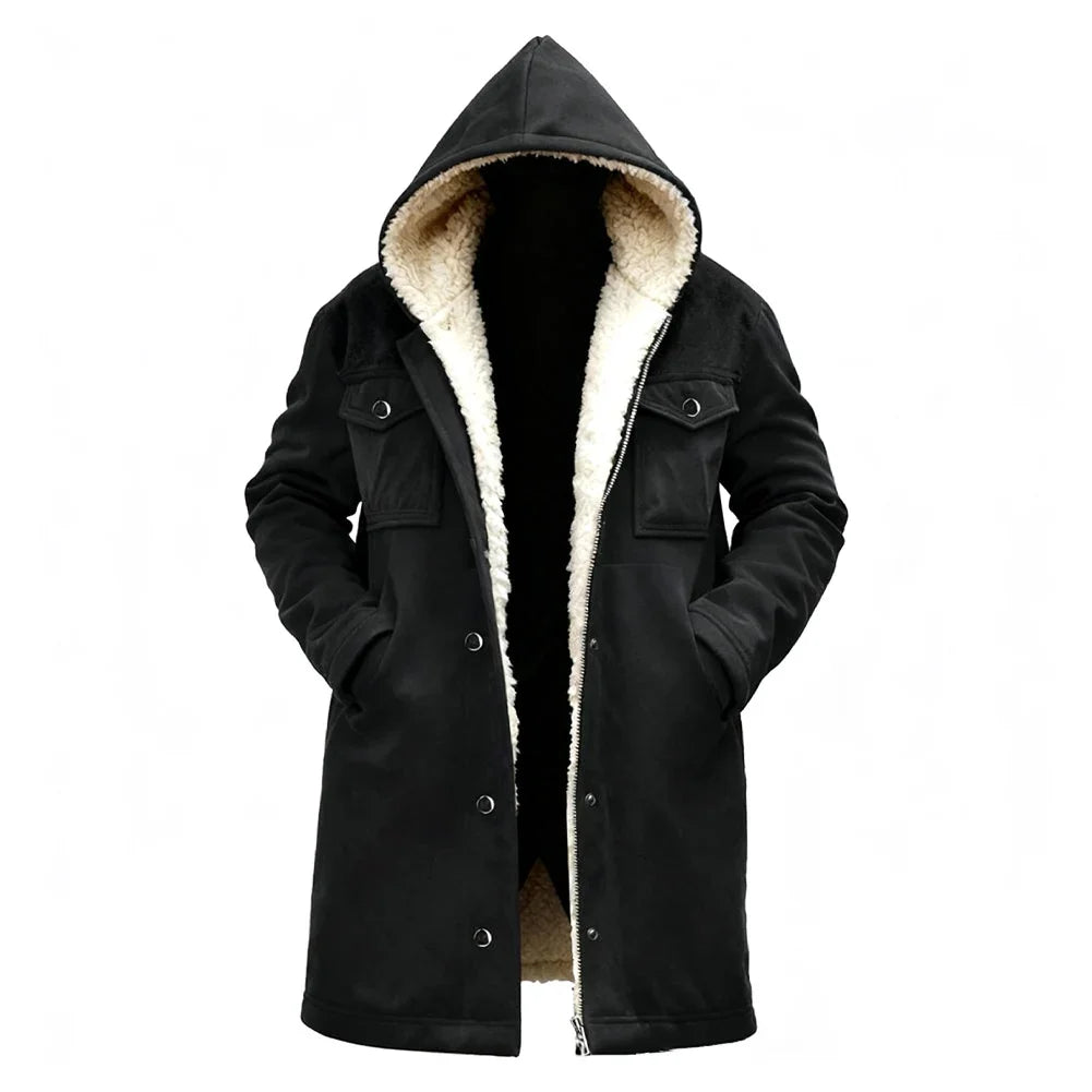 Herren Winterjacke mit Kapuze und Teddyfutter, lang, warm, Schwarz