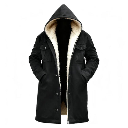 Herren Winterjacke mit Kapuze und Teddyfutter, lang, warm, Schwarz
