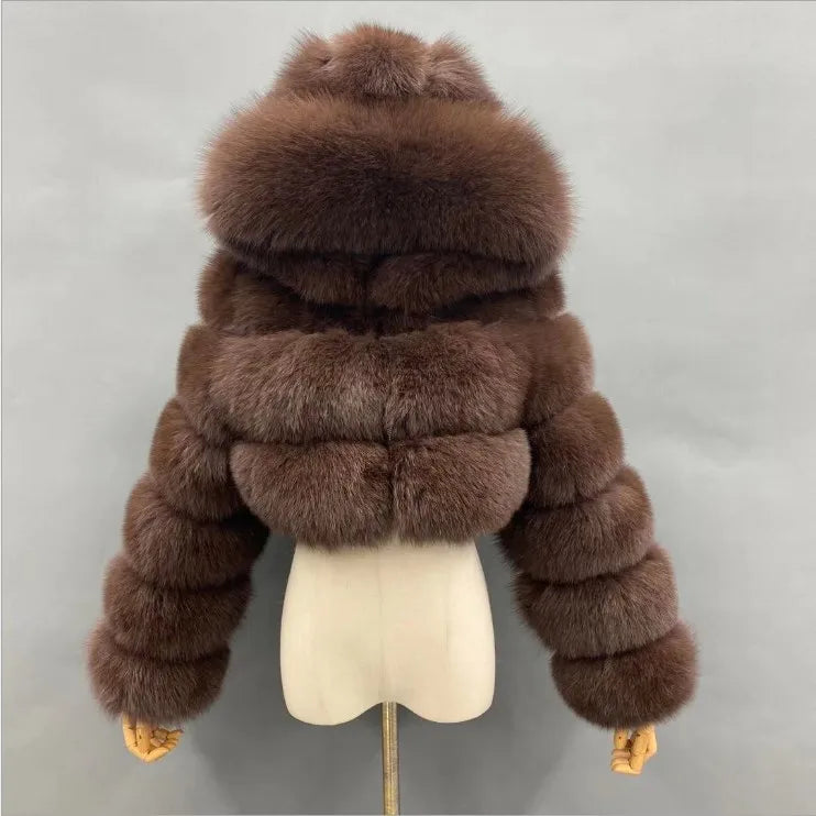 Kurze Damen Pelzimitat Jacke mit Kapuze und langen Ärmeln