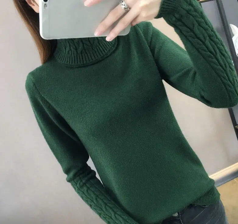 Damen Rollkragenpullover mit Zopfmuster Ärmeln und Hals - warmer Strickpullover