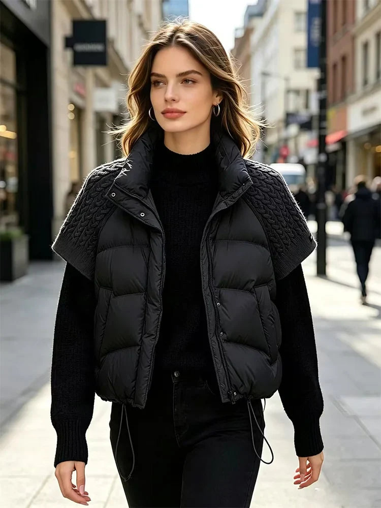 Damen Daunenweste mit Strickärmeln Stehkragen Kurz Jacke