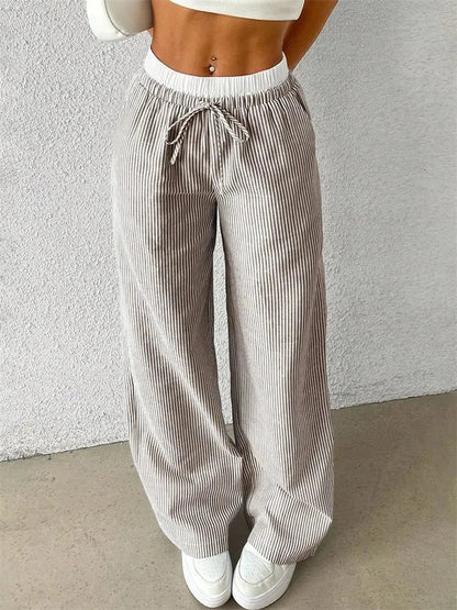 Damen Weite Hose mit Streifenmuster, Hohem Bund und Kordelzug – Lange Palazzo Hose