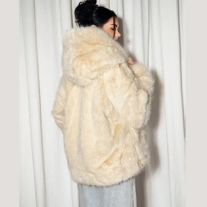 Damen Kunstpelzjacke Cremeweiß Kurz Kuschelig Winter Elegant