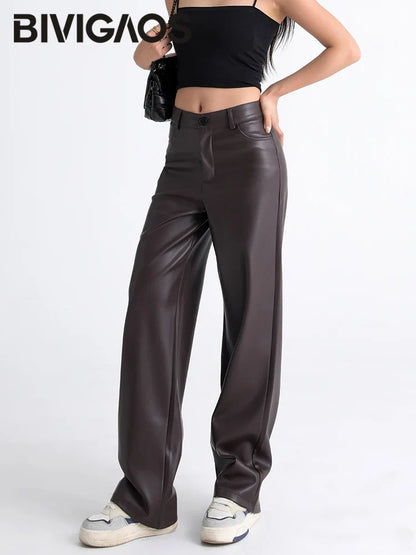 Damen Kunstlederhose Weites Bein Hoher Bund