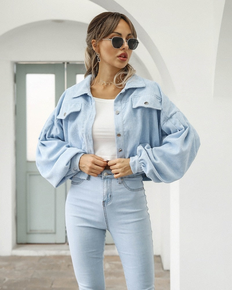 Damen Cropped Cordjacke mit Puffärmeln und Brusttaschen