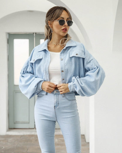 Damen Cropped Cordjacke mit Puffärmeln und Brusttaschen