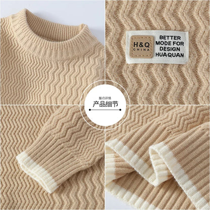 Unisex Rollkragenpullover mit Wellenmuster und Kontraststreifen – Gemütlicher Strickpullover