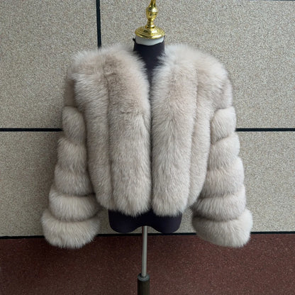 Damen Kurz Kunstpelzjacke Pelzmantel mit V-Ausschnitt