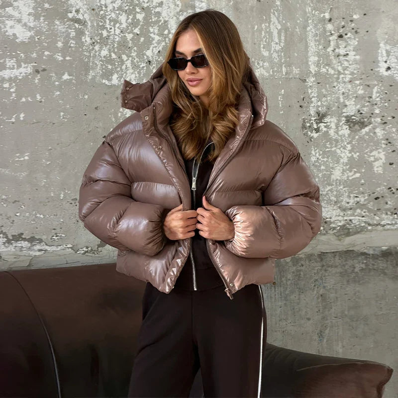 Kurze Pufferjacke Glänzend mit Kapuze Damen Winterjacke