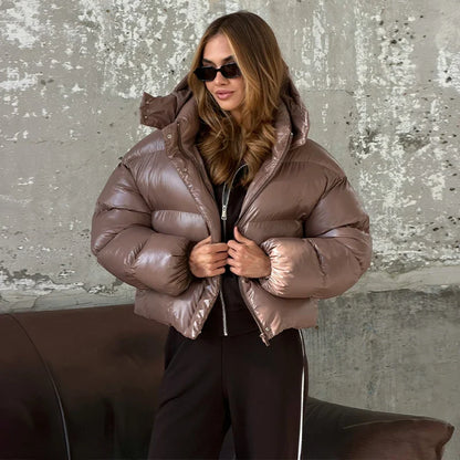 Kurze Pufferjacke Glänzend mit Kapuze Damen Winterjacke