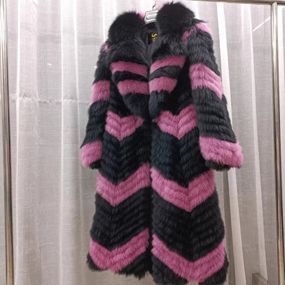 Damen Langer Mantel aus Kunstfell mit Chevron-Muster und Kragen