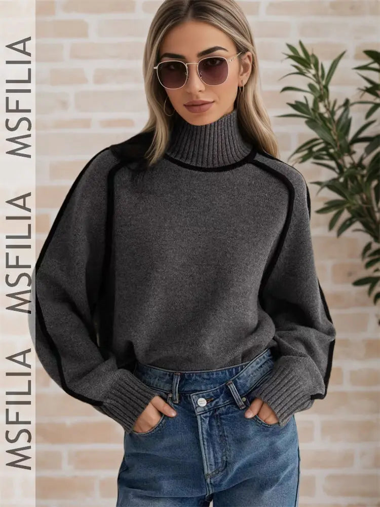 Damen Rollkragenpullover mit Kontrastbesatz