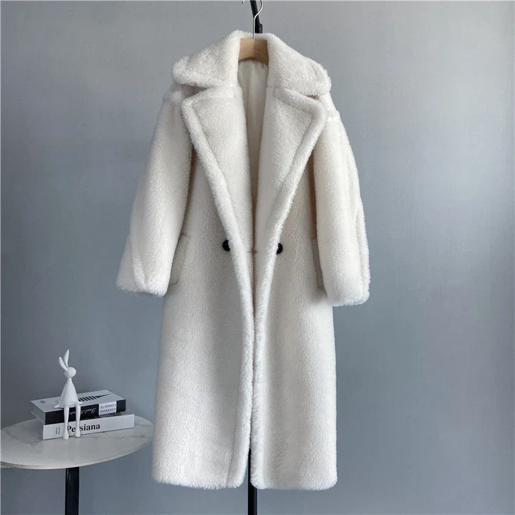 Damen Teddy-Mantel mit Reverskragen Lang Warmer Plüschmantel