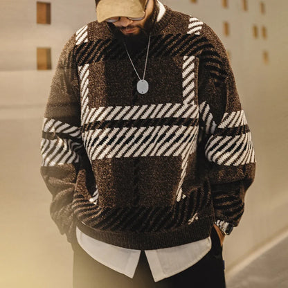 Herren Plaid Pullover Rundhals Braun Winter