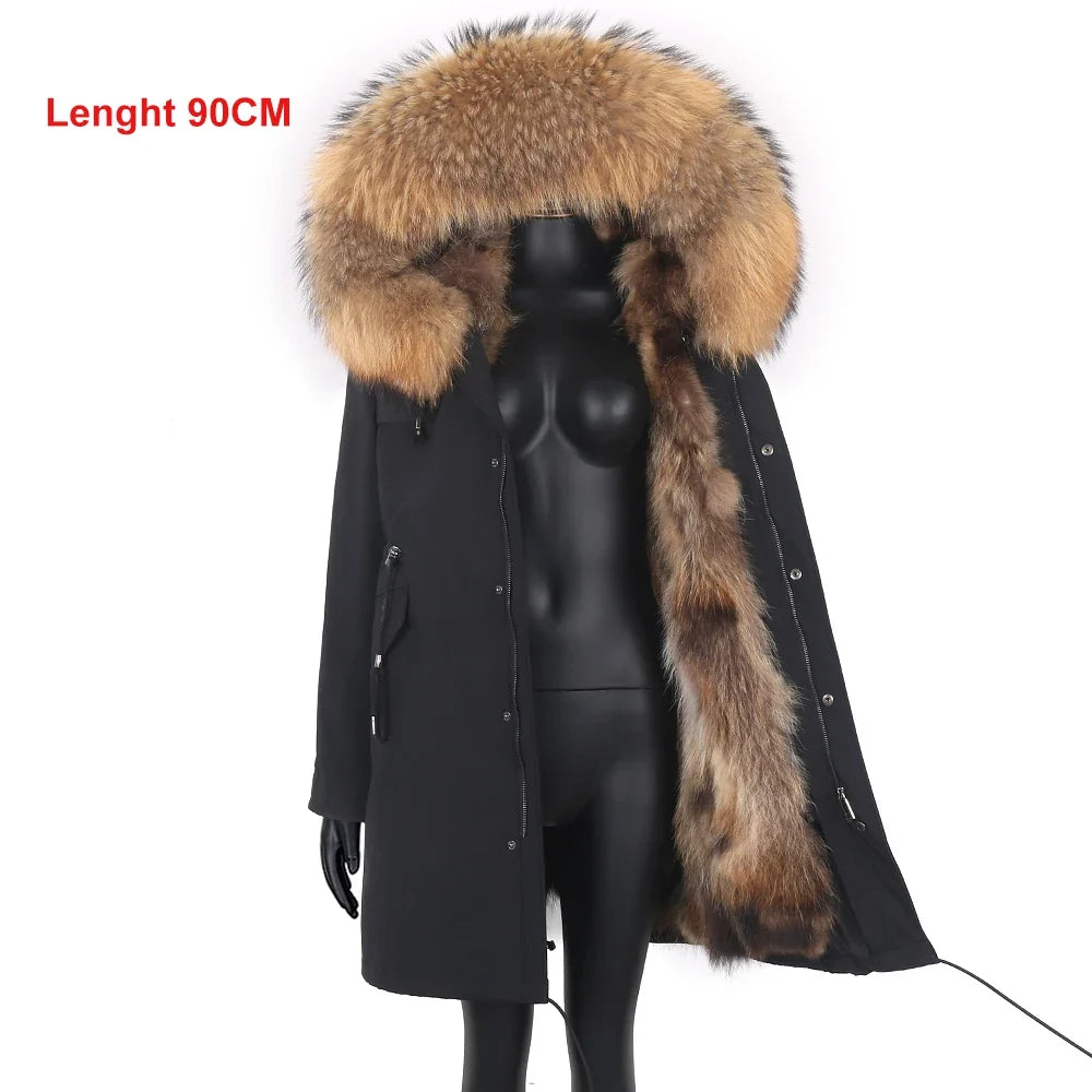 Damen Winterparka Schwarz mit Pelzbesatz Kapuze Lang