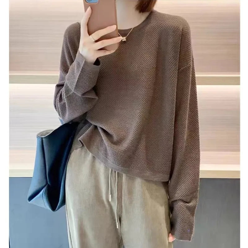 Damen Langarmshirt Rundhals Strukturmuster Lockerer Schnitt