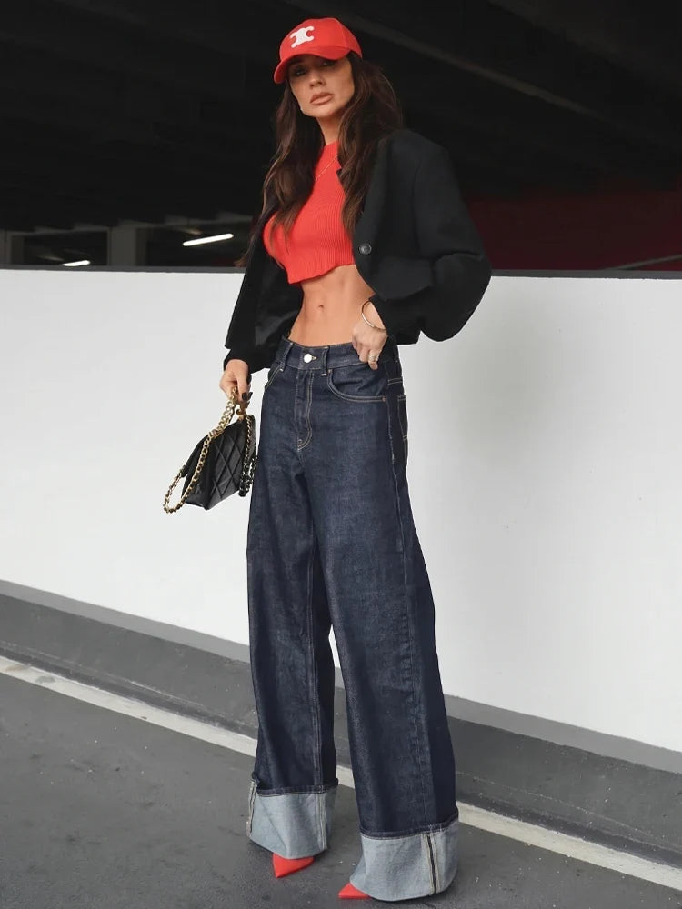 Damen Jeans Wide Leg Dunkelblau mit Krempelbund High Waist