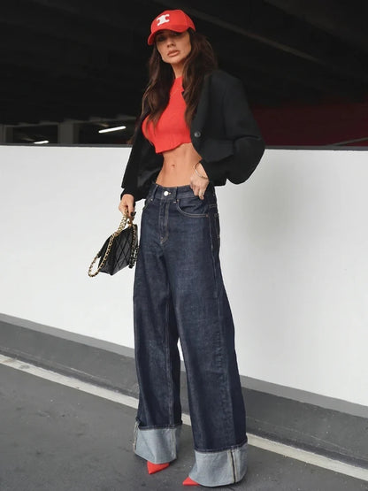 Damen Jeans Wide Leg Dunkelblau mit Krempelbund High Waist