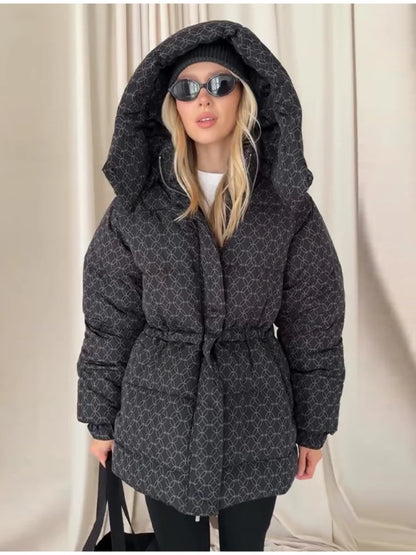 Damen Steppjacke mit Kapuze und Kordelzug, kurzer Puffermantel, gemustert