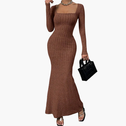 Damen Strick Maxikleid mit Quadrat-Ausschnitt – Elegantes Bodycon Abendkleid