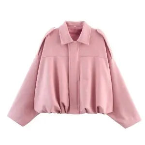 Damen Kurzjacke Oversize Cropped mit Kragen Braun