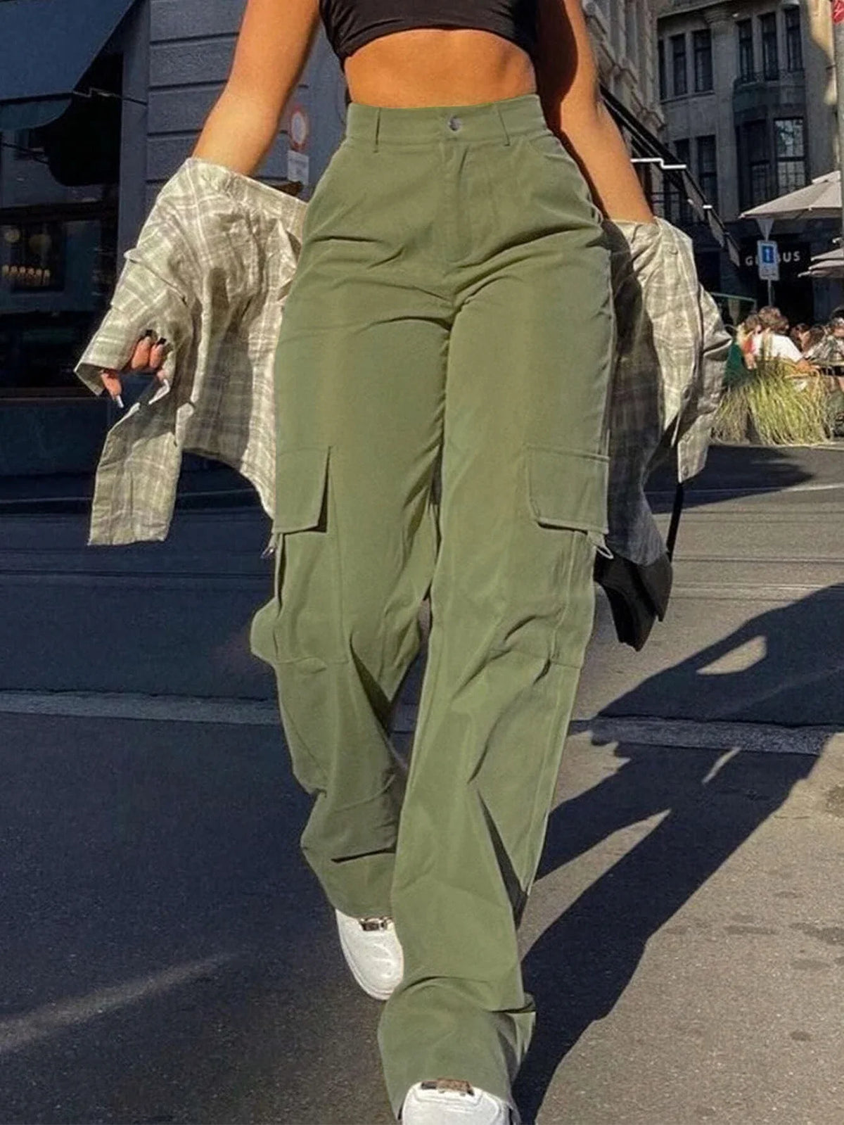 Damen Cargohose Weites Bein Hoher Bund Freizeithose