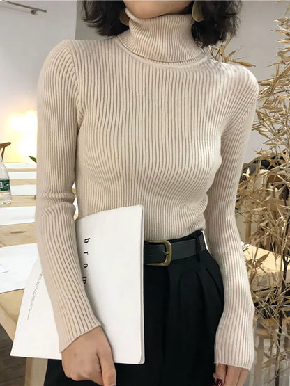 Damen Rollkragenpullover Gerippt Langarm Strickpullover
