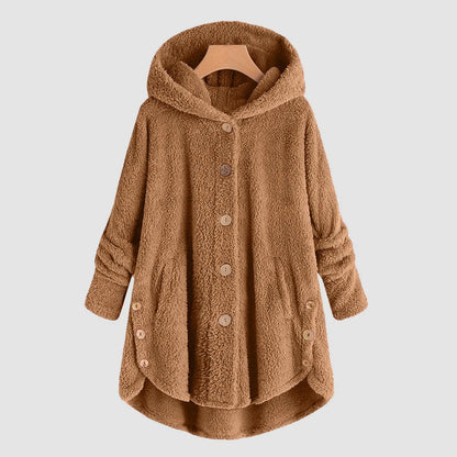 Damen Kuschelige Kapuzenjacke aus Fleece mit Holzknöpfen