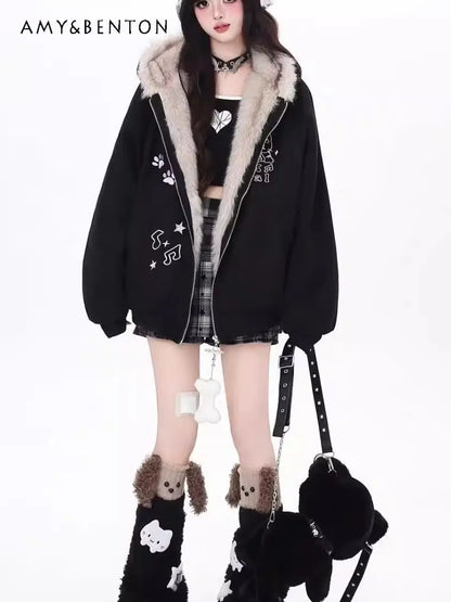 Damen Jacke mit Tierohren Kapuze, Plüschfutter und Stickerei