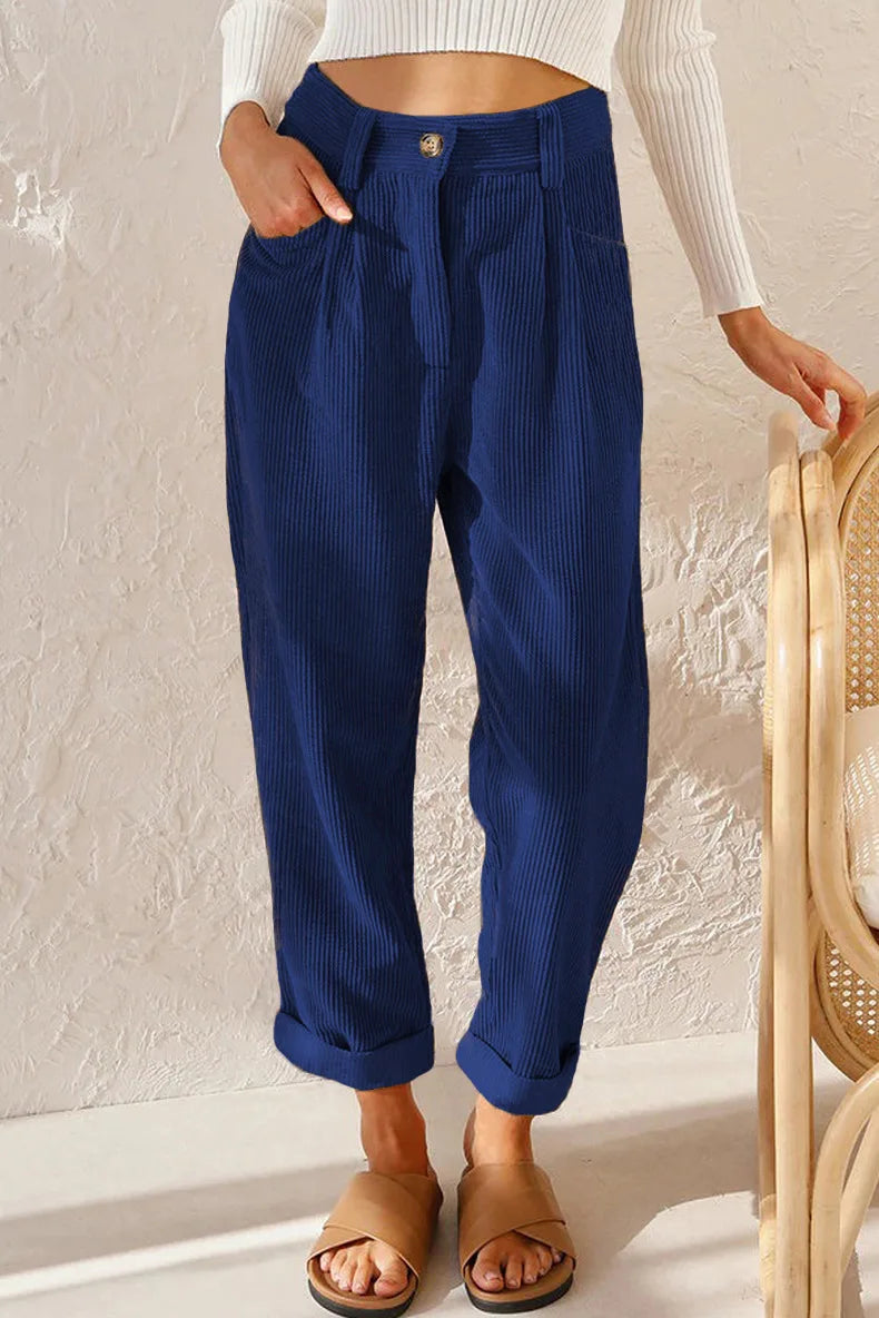 Damen Cordhose Plissee High Waist Cropped-Hose mit Falten