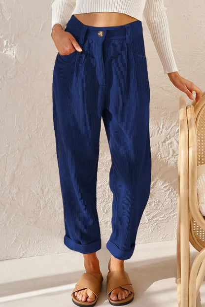 Damen Cordhose Plissee High Waist Cropped-Hose mit Falten