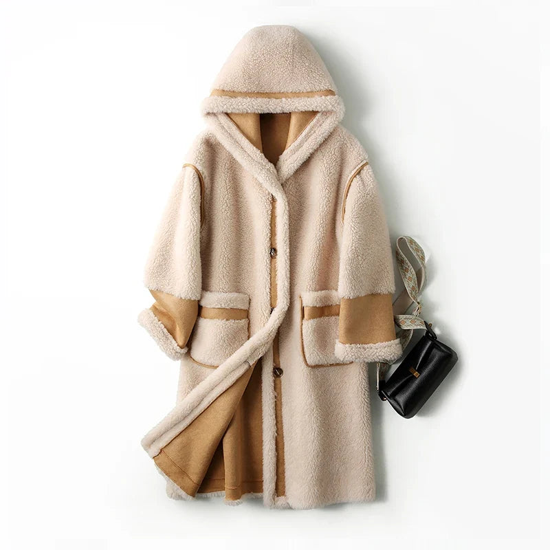 Damen Teddy Mantel mit Kapuze, Lang, Braun