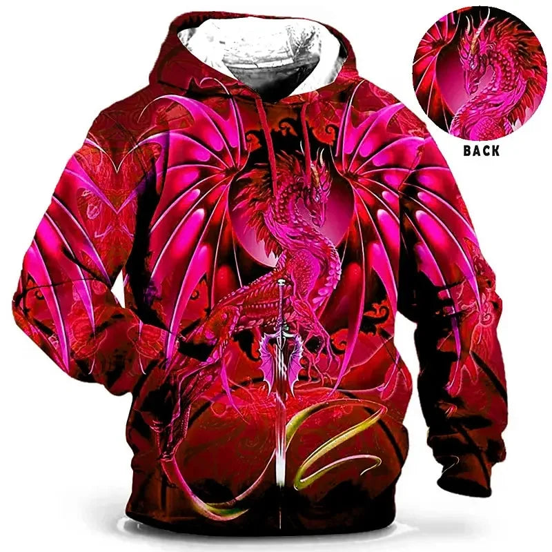 Unisex Kapuzenpullover mit Drachen-Motiv, grafischem Muster und Kordelzug