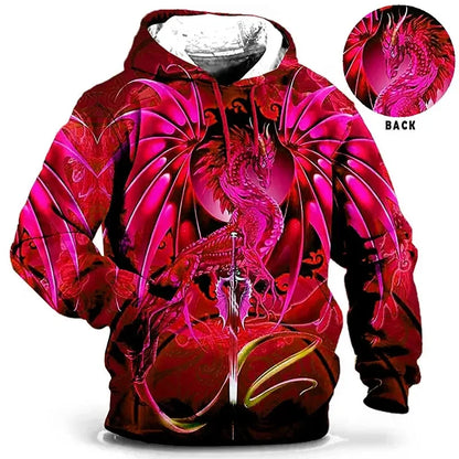 Unisex Kapuzenpullover mit Drachen-Motiv, grafischem Muster und Kordelzug