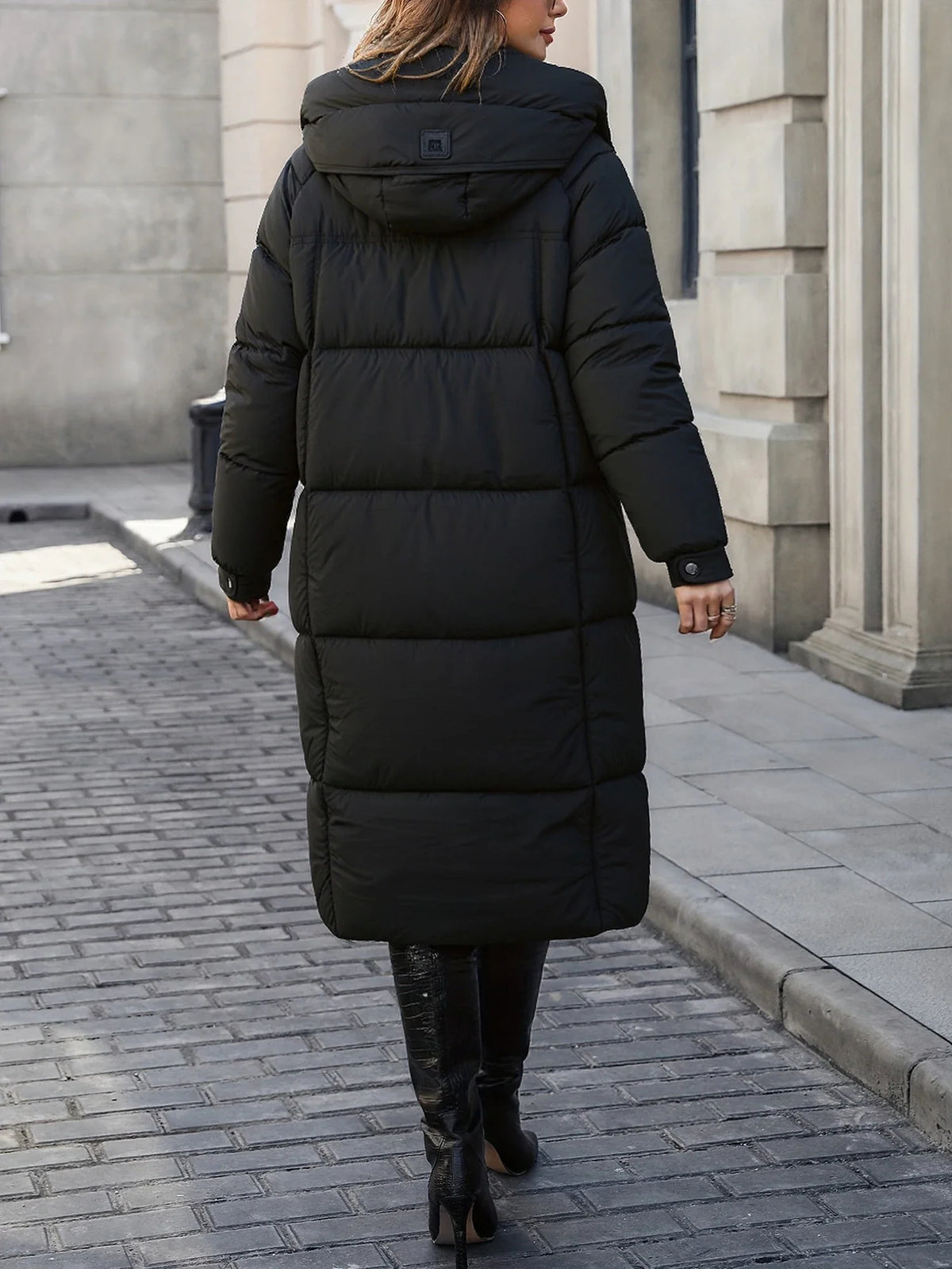 Damen Langer Steppmantel mit Kapuze Schwarz Winter Warme Pufferjacke