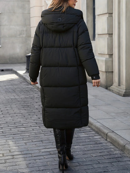 Damen Langer Steppmantel mit Kapuze Schwarz Winter Warme Pufferjacke