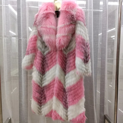 Damen Langer Mantel aus Kunstfell mit Chevron-Muster und Kragen