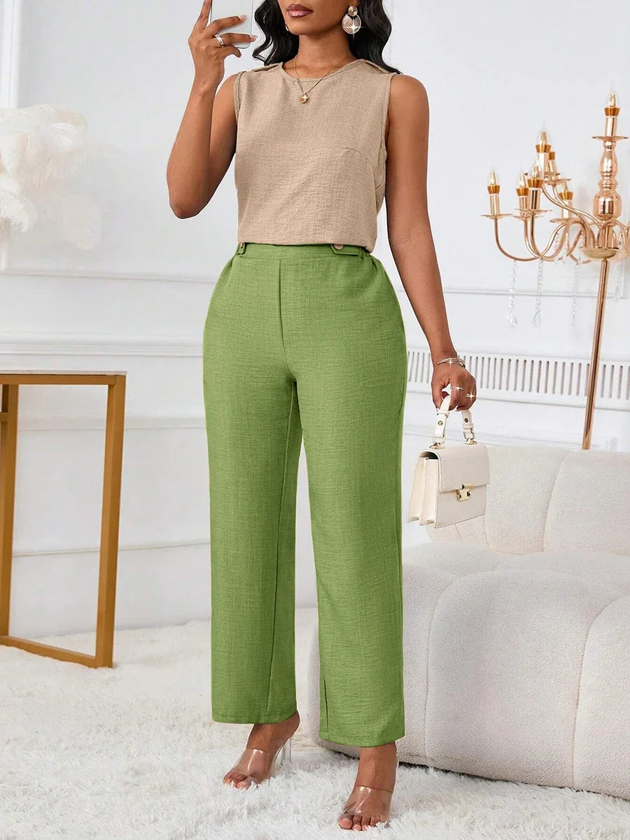 Damen Zweiteiler Set Ärmelloses Top und Weite Hose Freizeit-Outfit