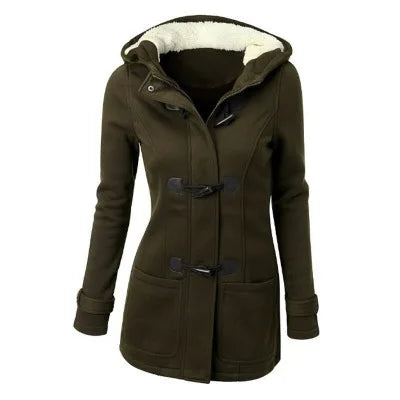 Damen Dufflecoat mit Kapuze und Knebelknöpfen - Warmer Wintermantel mit Teddyfutter