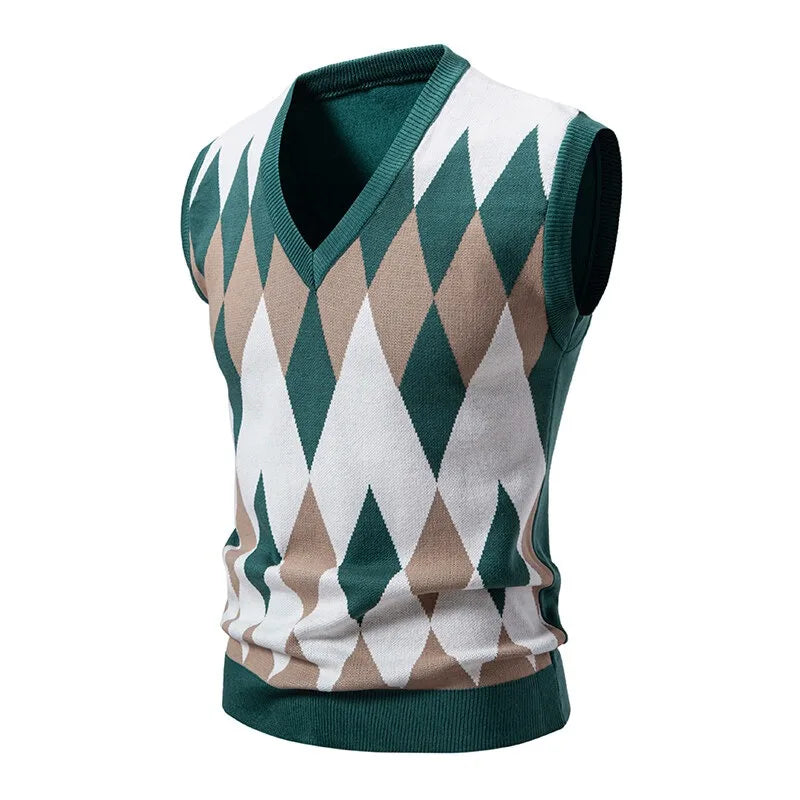 Herren Argyle Strickweste V-Ausschnitt Ärmellose Pullover Weste