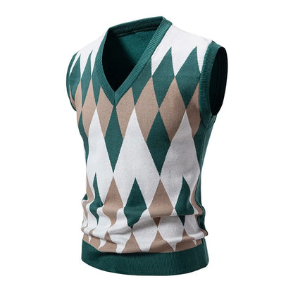 Herren Argyle Strickweste V-Ausschnitt Ärmellose Pullover Weste