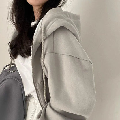 Kurzer Damen Kapuzenpullover mit Reißverschluss und Bauchtaschen