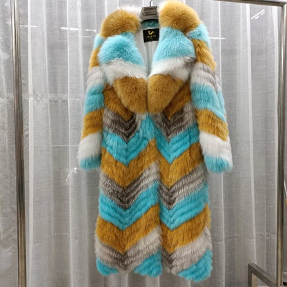 Damen Langer Mantel aus Kunstfell mit Chevron-Muster und Kragen