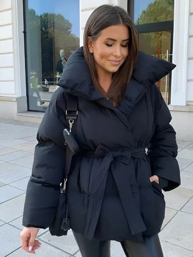 Damen Pufferjacke Stehkragen Gürtel Winterjacke