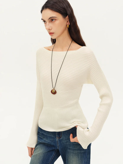 Damen Rippstrick Pullover U-Boot-Ausschnitt Langarm Beige