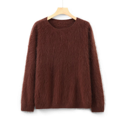 Damen Pullover flauschig weich Rundhalsausschnitt Langarm Strickpullover