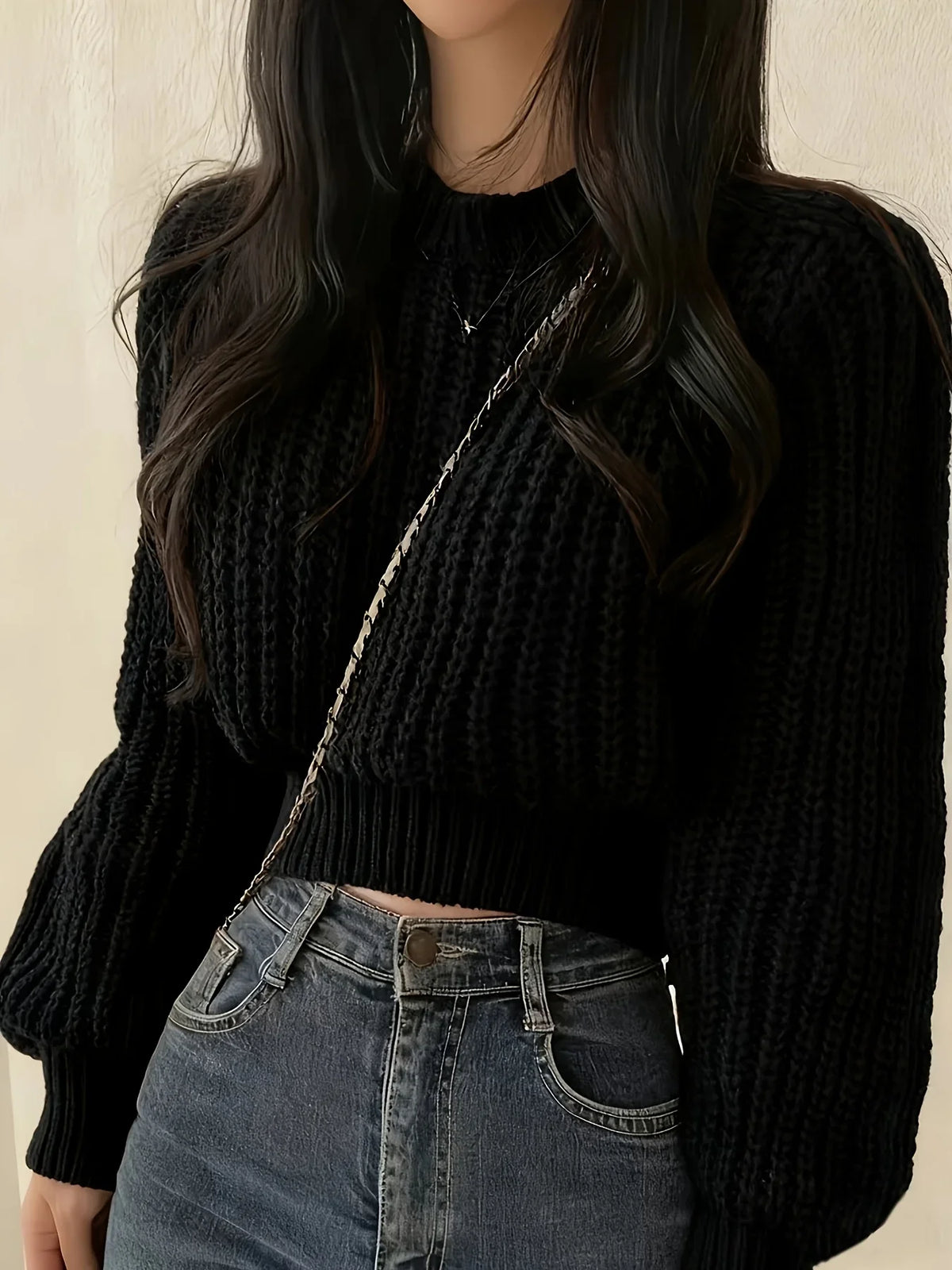 Damen Grobstrick Pullover Cropped Rundhals Lange Ärmel Braun
