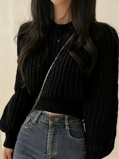 Damen Grobstrick Pullover Cropped Rundhals Lange Ärmel Braun