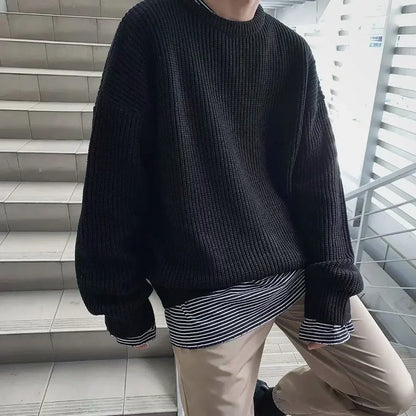 Unisex Strickpullover Oversize Rundhals Gerippt Lange Ärmel